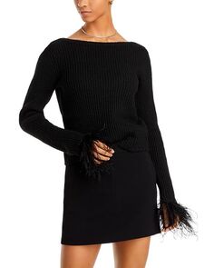 Топ с длинными рукавами и отделкой перьями BCBGMAXAZRIA, цвет Black