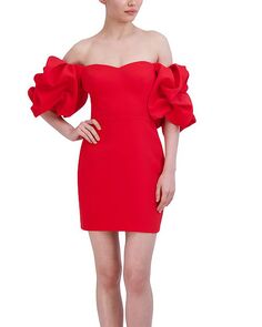 Платье с открытыми плечами и пышными рукавами BCBGMAXAZRIA, цвет Red