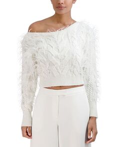 Свитер вязанной вязки с перьями BCBGMAXAZRIA, цвет White