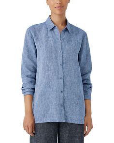 Классическая льняная рубашка с воротником Eileen Fisher, цвет Blue