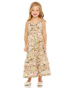 Многоярусное платье миди с цветочным принтом и оборками для девочек Mac Duggal, цвет Ivory/Cream
