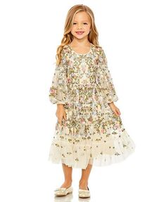 Платье с длинными рукавами и вышивкой для девочек Mac Duggal, цвет Ivory/Cream