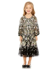 Платье с длинными рукавами и вышивкой для девочек Mac Duggal, цвет Black