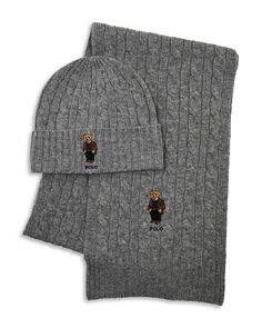 Классическая шапка-бини с медвежонком и ампер; Подарочный набор шарфов Polo Ralph Lauren, цвет Gray