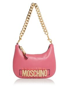 Кожаная сумка через плечо с кристаллическим логотипом Moschino, цвет Pink