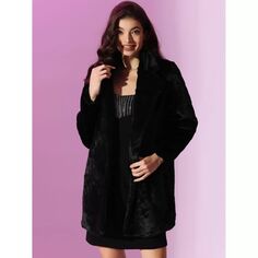 Пальто из искусственного меха с лацканами для женщин, нечеткая зимняя теплая куртка, пальто с карманами ALLEGRA K, черный