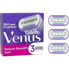Лезвия для бритвы Venus Deluxe Smooth Swirl для женщин, 3 сменных лезвия для бритвы, смазывающая полоска с витамином Е, подушечка для кожи помогает защитить от раздражения после бритья — упаковка из 3 шт., Gillette