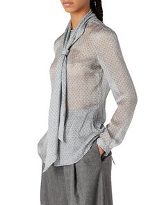 Шелковая рубашка с завязками на шее Emporio Armani, цвет Gray