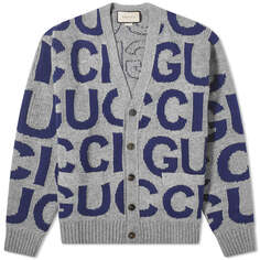 Кардиган Gucci Intarsia Logo Knit, цвет Grey &amp; Blue