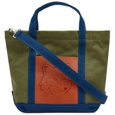 Сумка-тоут Maison Kitsune Fox Head Leather Pocket Mini, цвет Military Green &amp; Ink Blue