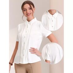 Женская рубашка на пуговицах с воротником и пышной блузкой с контрастной отделкой и короткими рукавами ALLEGRA K, белый