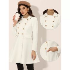 Женская двубортная верхняя одежда с отложным воротником и карманами и клапанами, зимнее пальто ALLEGRA K, белый