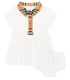 Комплект детского хлопкового платья и шароваров Burberry, белый