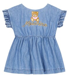 Детское платье из хлопкового шамбре с вышивкой Moschino, синий