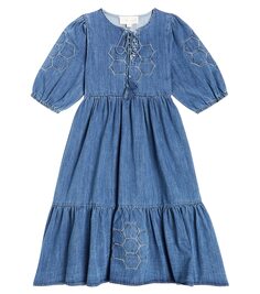 Платье из хлопка шамбре в стиле пэчворк Petite Amalie, синий