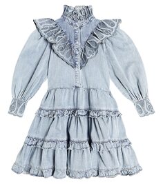 Платье из шамбре с оборками и вышивкой Petite Amalie, синий