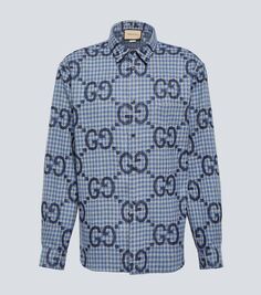 Шерстяная рубашка в клетку с логотипом Gucci, синий