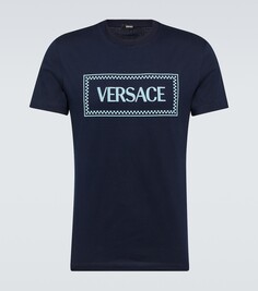 Футболка из хлопкового джерси с вышитым логотипом Versace, синий
