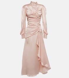 Платье макси из шелкового атласа со сборками Alessandra Rich, розовый
