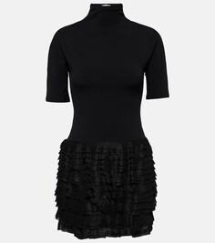 Мини-платье из джерси с высоким воротником и оборками Alaïa, черный