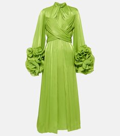 Драпированное платье миди с оборками Costarellos, зеленый