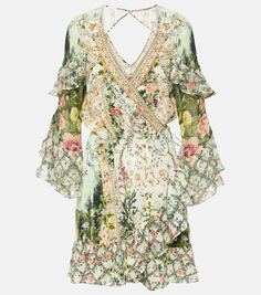 Платье из шелкового крепа с оборками и цветочным принтом Camilla, мультиколор
