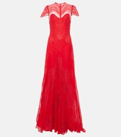 Платье dante из шелкового жоржета с кружевной отделкой Costarellos, красный