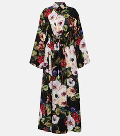 Платье-рубашка из шелкового атласа с цветочным принтом Dolce&amp;Gabbana, мультиколор