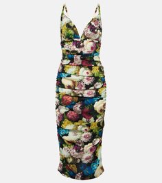 Платье миди из шармеза с цветочным принтом Dolce&amp;Gabbana, мультиколор
