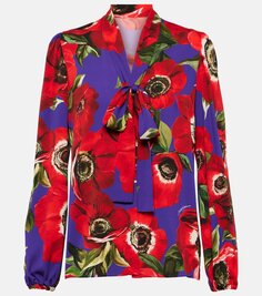 Блузка из смесового шелка с цветочным принтом и завязками на воротнике Dolce&amp;Gabbana, мультиколор