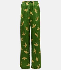 Широкие брюки из шелкового атласа с принтом Dries Van Noten, зеленый