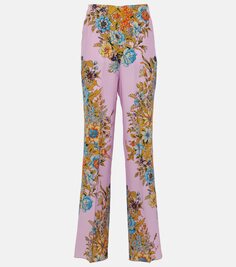 Широкие брюки из шелка с высокой посадкой и цветочным принтом Etro, розовый