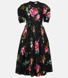 Платье миди из хлопка фай с цветочным принтом Erdem, черный