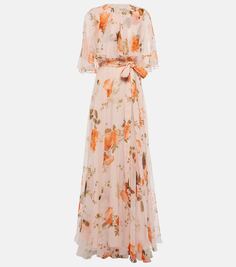 Платье из шелковой вуали с цветочным принтом Erdem, розовый