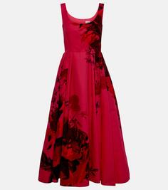 Платье макси из хлопкового фая с цветочным принтом Erdem, розовый