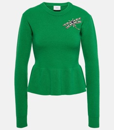 Шерстяной свитер с баской в рубчик Erdem, зеленый
