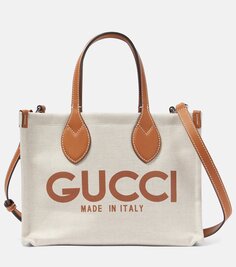 Миниатюрная холщовая сумка-тоут с кожаной отделкой и логотипом Gucci, бежевый