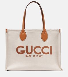 Холщовая сумка-тоут с кожаной отделкой и логотипом Gucci, бежевый