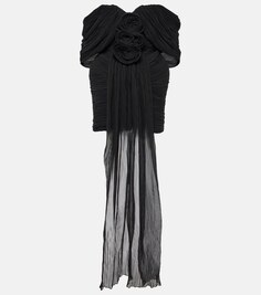 Шелковое мини-платье с открытыми плечами и цветочной аппликацией Magda Butrym, черный