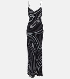 Шелковое платье макси с принтом marmo Pucci, серый