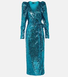 Платье с запахом и пышными рукавами, расшитое пайетками Rotate Birger Christensen, синий