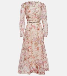 Платье миди из льна и шелка matchmaker с цветочным принтом Zimmermann, мультиколор