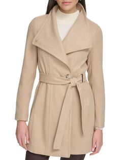 Пальто с запахом и воротником-крылышком из смесовой шерсти Calvin Klein, цвет Camel