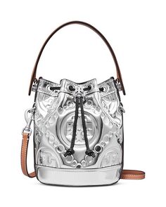 Миниатюрная сумка-мешок из лакированной кожи с тиснением T Monogram Tory Burch, цвет Silver