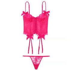 Комплект корсет + стринги Victoria&apos;s Secret VS Archives Rose Lace Cropped, 2 предмета, ярко-розовый