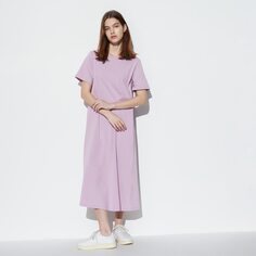 Платье из хлопка Airism (короткий рукав) (стандартная длина 114-125см) UNIQLO, фиолетовый