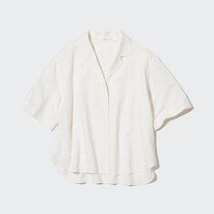Льняная рубашка с открытым воротником и короткими рукавами UNIQLO, молочный