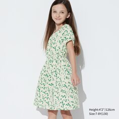 Платье с короткими рукавами и вискусом с цветочным принтом для девочек UNIQLO, молочный