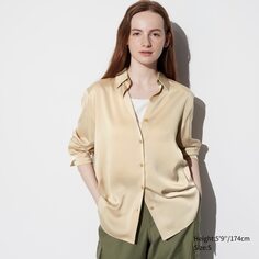 Атласная блузка с длинными рукавами UNIQLO, бежевый