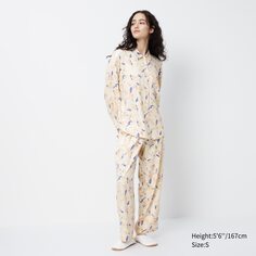 Атласные пижамы с длинными рукавами с цветочным принтом UNIQLO, естественный